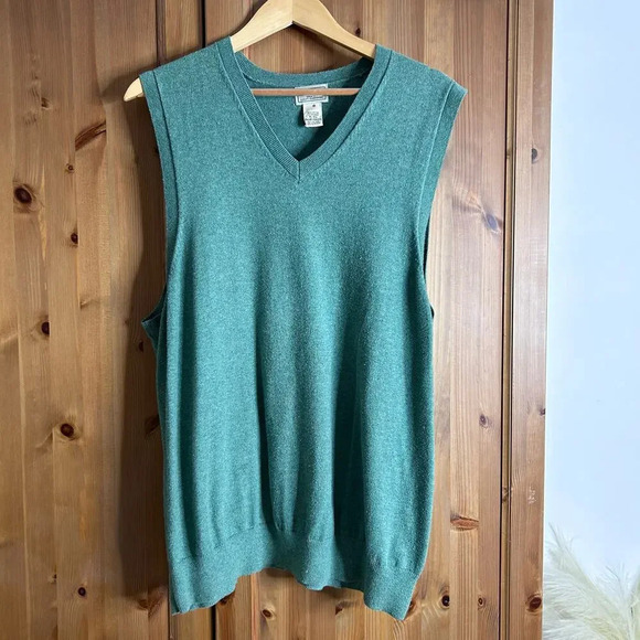 Vintage L.L. Bean Men’s Cashmere Sweater Vest XL Green V-Neck Grandpa Sleeveless - Picture 1 of 5